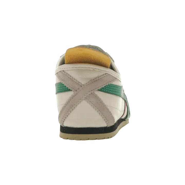 Onitsuka Tiger Mexico 66 low-top sneakers in birch leather with green, red, and yellow Tiger stripes and grey suede accents.