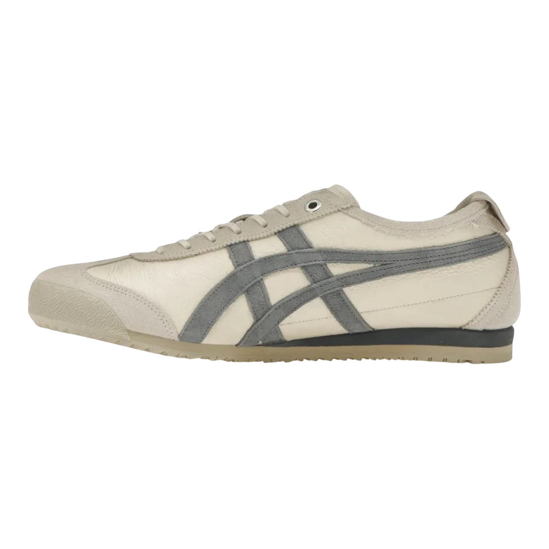 Onitsuka Tiger Mexico 66 SD Birch/Metropolis sneakers with cream leather and grey suede panels, featuring signature stripes and a low-profile design.