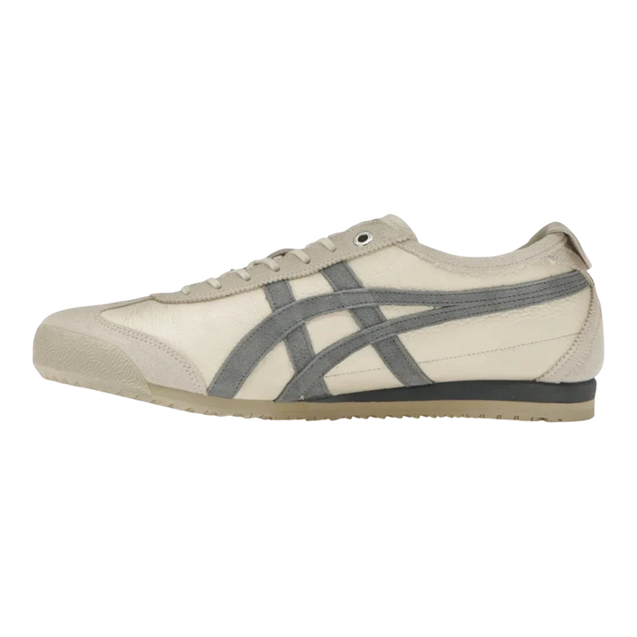 Onitsuka Tiger Mexico 66 SD Birch/Metropolis sneakers with cream leather and grey suede panels, featuring signature stripes and a low-profile design.