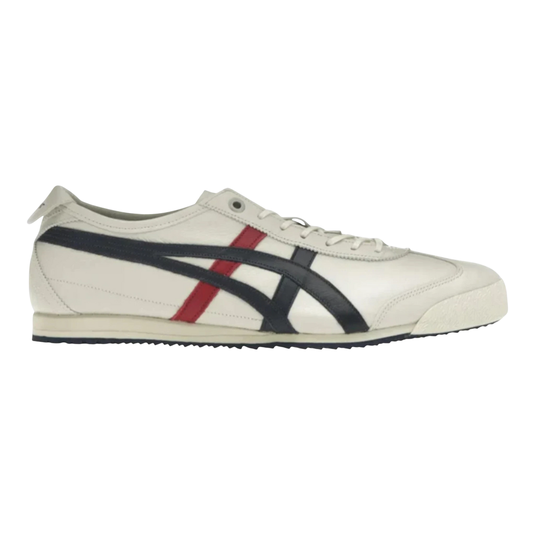 Onitsuka Tiger Mexico 66 SD cream leather sneakers with navy and red stripes. Low-profile, vintage-inspired design.