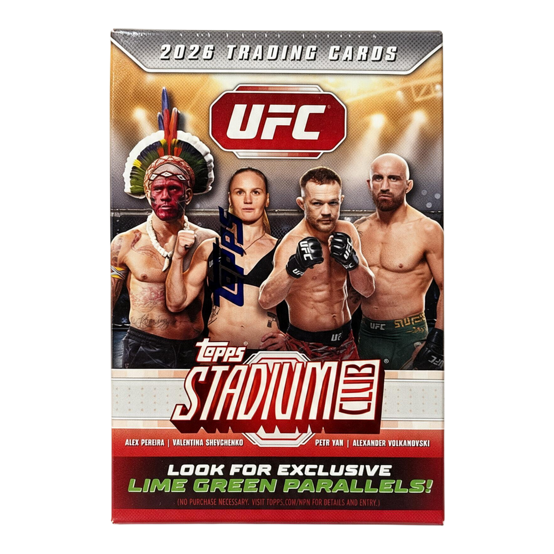 HypeSelection 2026 Topps UFC Stadium Club value box featuring Alex Pereira, Valentina Shevchenko, Petr Yan, and Volkanovski