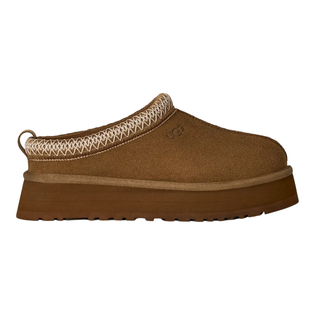 HypeSelection UGG Tazz II slipper in light bronze suede with signature UGGbraid collar and platform EVA sole.
