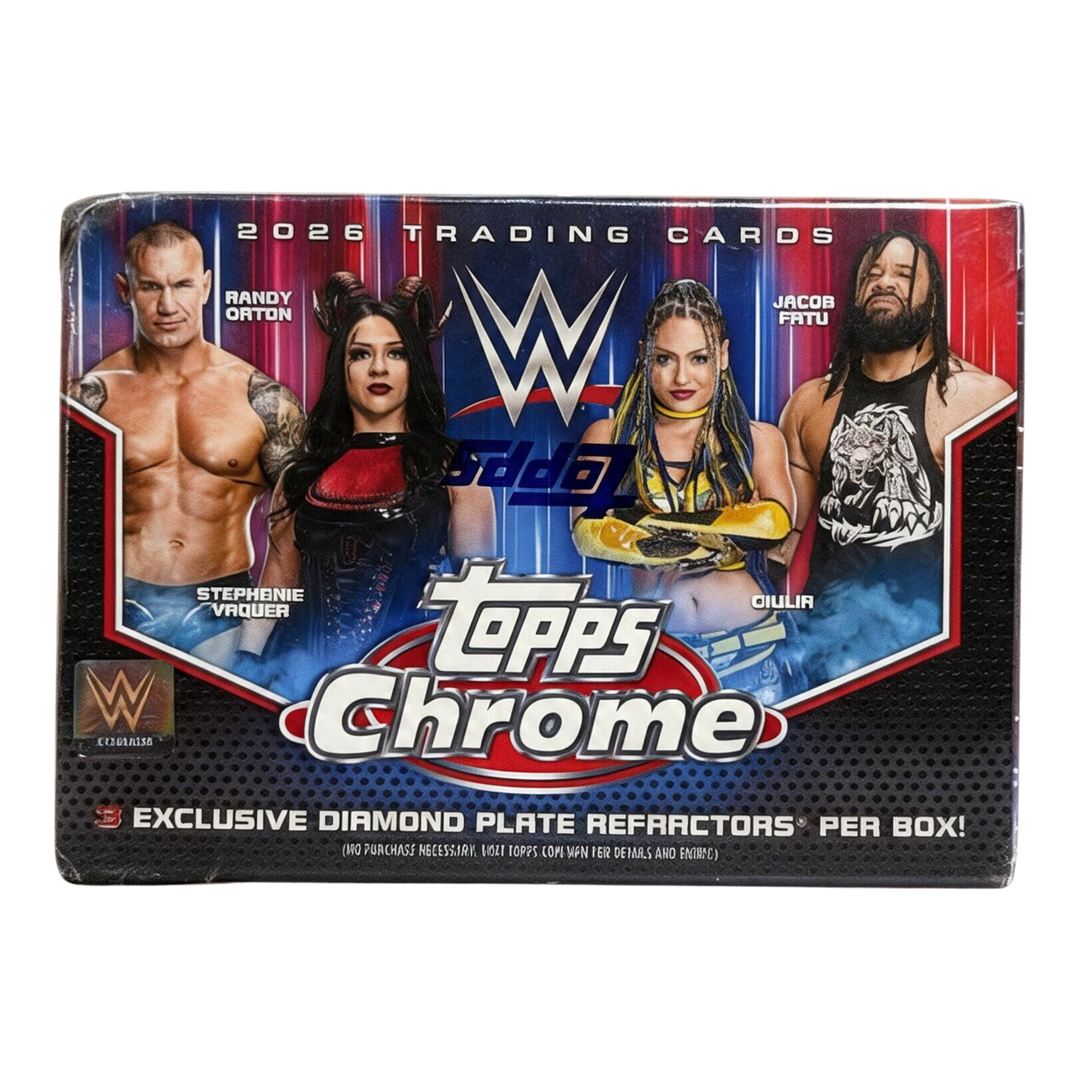 HypeSelection 2026 Topps Chrome WWE trading card value box featuring Randy Orton, Stephanie Vaquer, Giulia, and Jacob Fatu