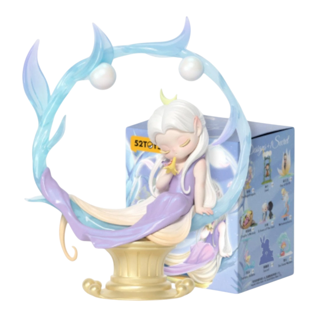 HypeSelection 52TOYS Sleep Dreamland Elves blind box figure of a fairy with white hair, purple and white dress, sitting on a golden pedestal with a blue crescent moon arch.