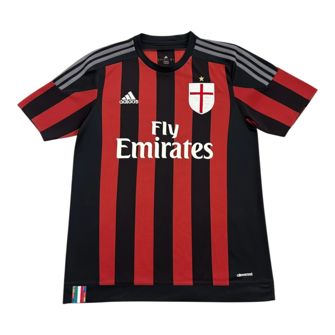 HypeSelection Vintage 2015-16 AC Milan Home Shirt. Red and black vertical stripes, white sponsor logo, and club crest. Adidas branding on sleeves.