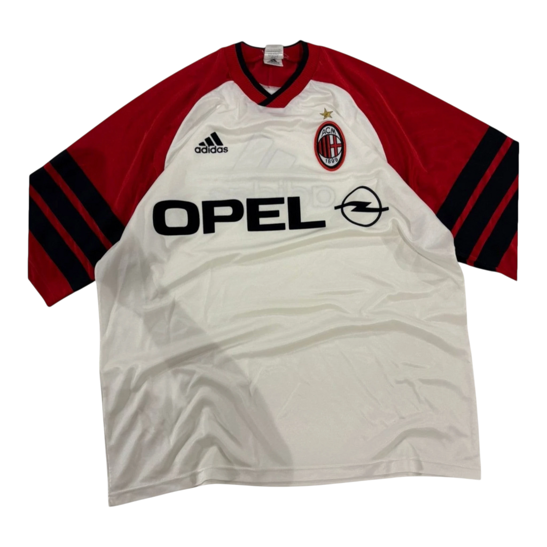 HypeSelection vintage AC Milan white and red short sleeve football shirt with Opel sponsor and Adidas logo.