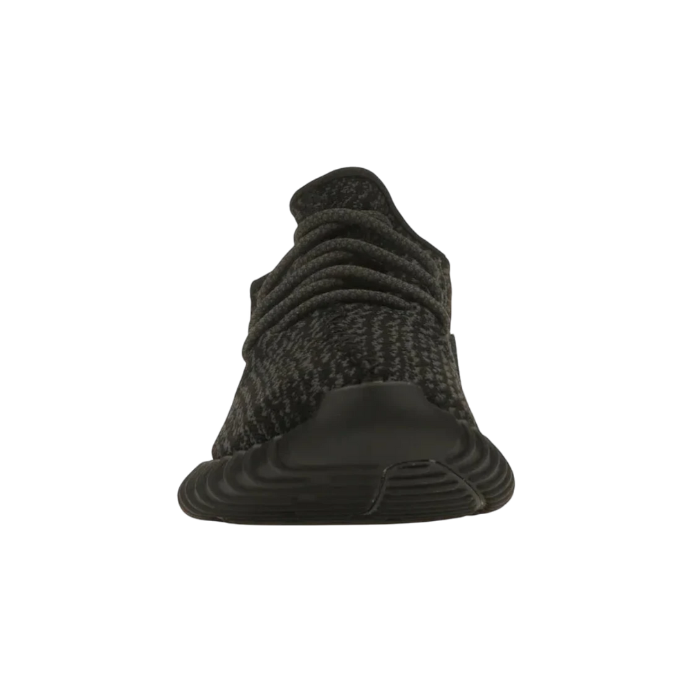 HypeSelection adidas Yeezy Boost 350 Pirate Black 2023 sneaker with black Primeknit upper and red heel tab stitching.