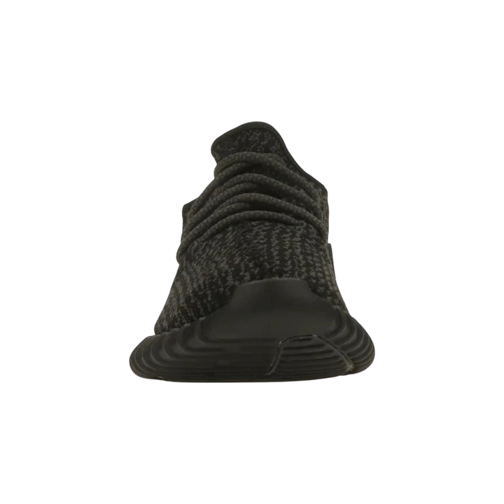 HypeSelection adidas Yeezy Boost 350 Pirate Black 2023 sneaker with black Primeknit upper and red heel tab stitching.