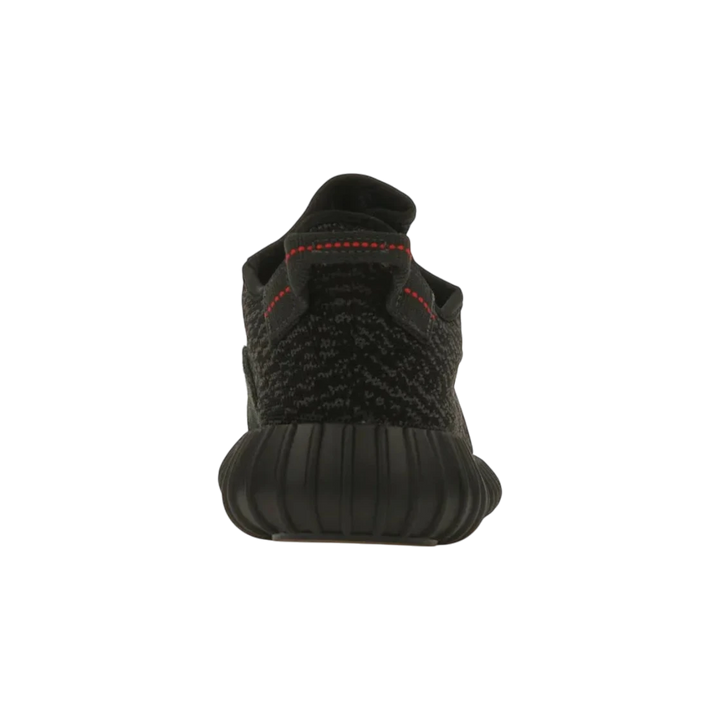 HypeSelection adidas Yeezy Boost 350 Pirate Black 2023 sneaker with black Primeknit upper and red stitching on heel tab.