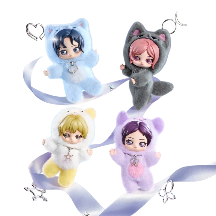 HypeSelection Pop Mart aespa Fluffy Club Series vinyl plush doll pendants in blue, grey, white/yellow, and purple.