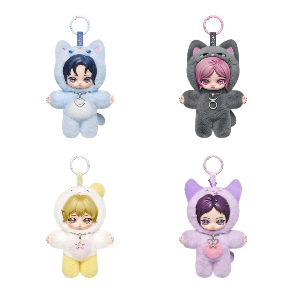 HypeSelection Pop Mart aespa Fluffy Club Series vinyl plush doll pendants in blue, grey, white/yellow, and purple, each with a keychain.