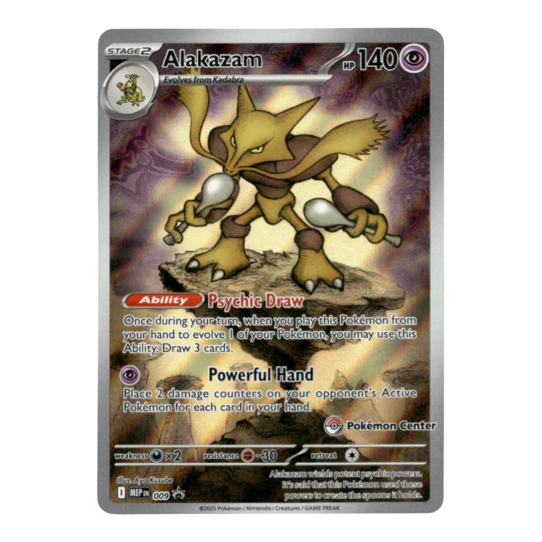 HypeSelection Alakazam 009 Black Star Promo full-art holographic Pokemon TCG card with psychic abilities.