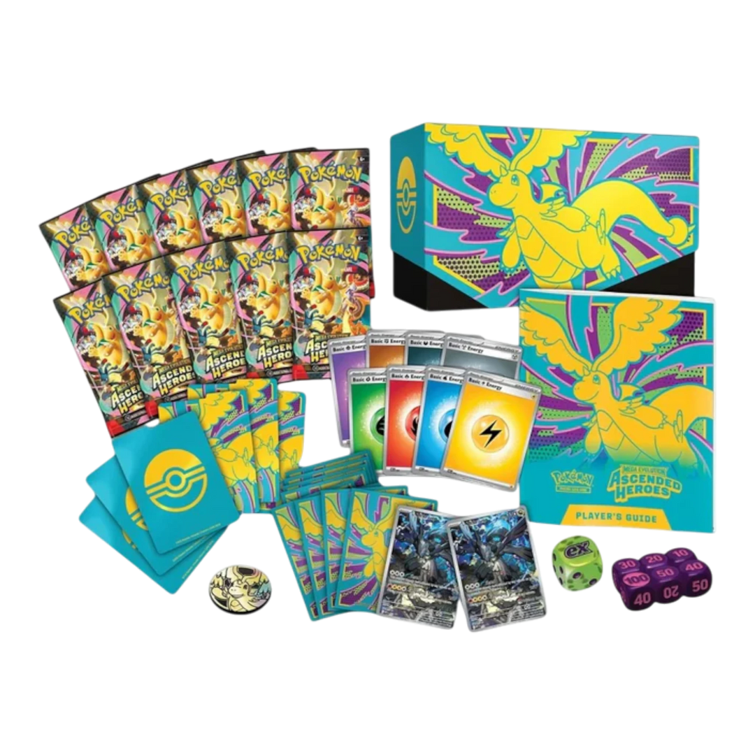 HypeSelection Ascended Heroes Elite Trainer Box with booster packs, energy cards, dice, sleeves, and player&