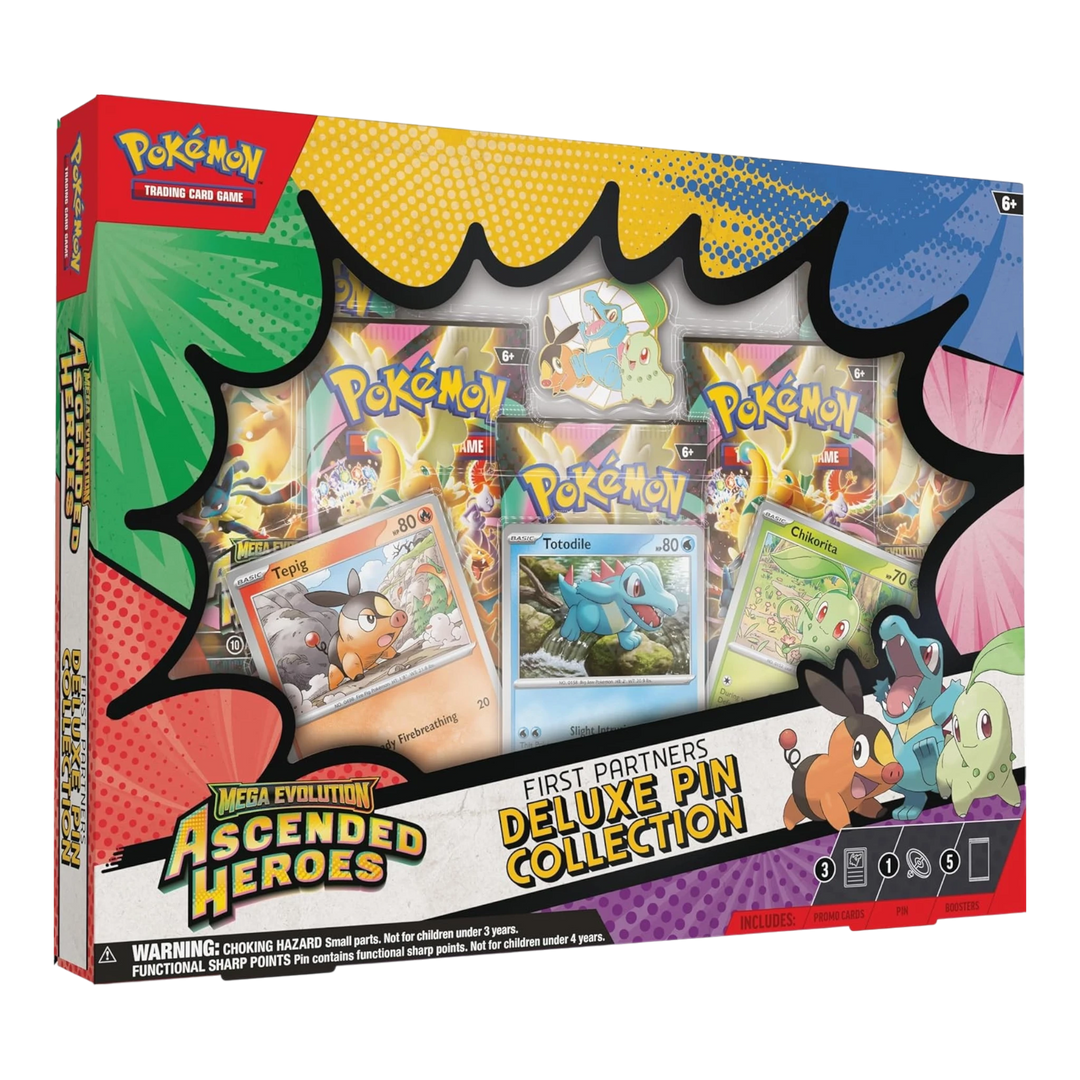 HypeSelection Ascended Heroes First Partners Deluxe Pin Collection featuring Chikorita, Tepig, and Totodile promo cards and enamel pin.