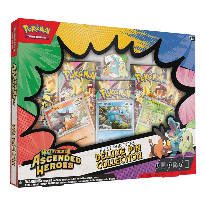 HypeSelection Ascended Heroes First Partners Deluxe Pin Collection featuring Chikorita, Tepig, and Totodile promo cards and enamel pin.