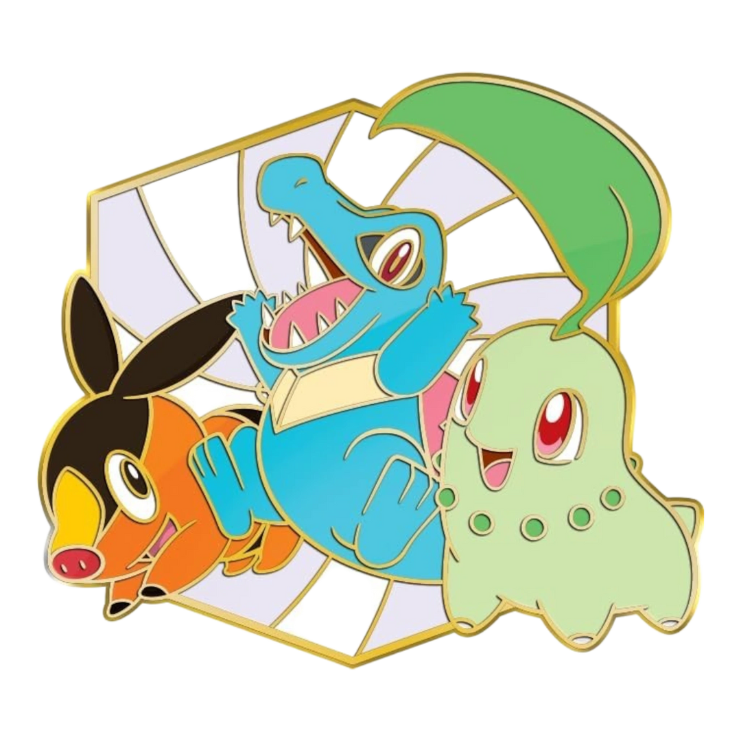 HypeSelection Ascended Heroes First Partners enamel pin featuring Totodile, Tepig, and Chikorita.
