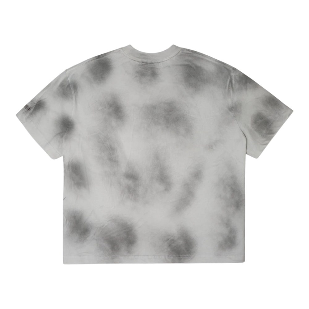 HypeSelection Ash Cloud Tee, a smoke grey tie-dye cotton t-shirt with a unique, hand-processed pattern and a small logo on the sleeve.