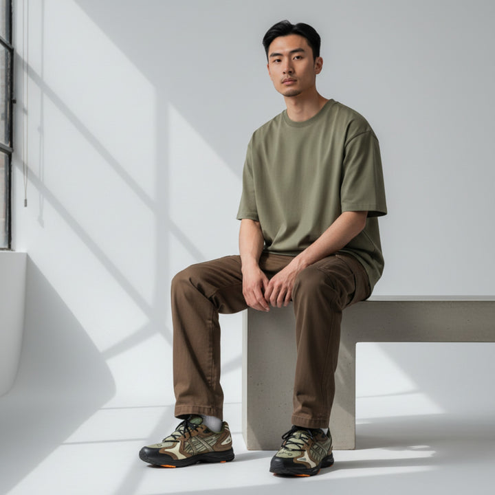 HypeSelection ASICS Gel-K1011 x Gallery Dept. Khaki sneakers with mesh and suede overlays, and orange sole accents.