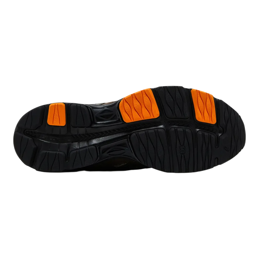 HypeSelection ASICS Gel-K1011 x Gallery Dept. Khaki sneakers with orange sole accents and black rubber outsole.