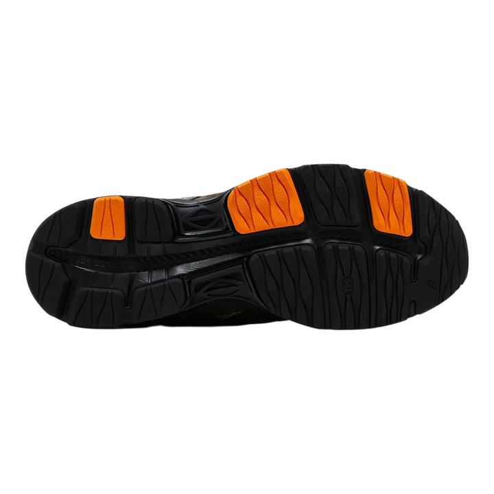 HypeSelection ASICS Gel-K1011 x Gallery Dept. Khaki sneakers with orange sole accents and black rubber outsole.