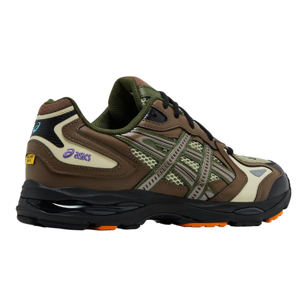 HypeSelection ASICS Gel-K1011 x Gallery Dept. Khaki sneakers with mesh and suede overlays, featuring "DEPT." branding.