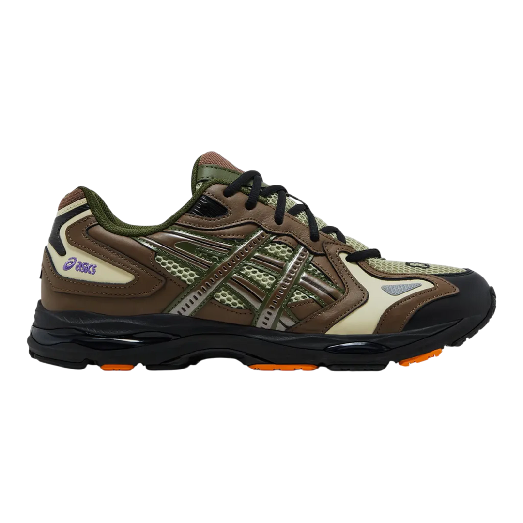 HypeSelection ASICS Gel-K1011 x Gallery Dept. Khaki sneakers with mesh and suede panels, and orange accents.