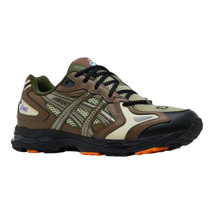 HypeSelection ASICS Gel-K1011 x Gallery Dept. Mental Energy sneakers in khaki, brown, and green with mesh and suede details.