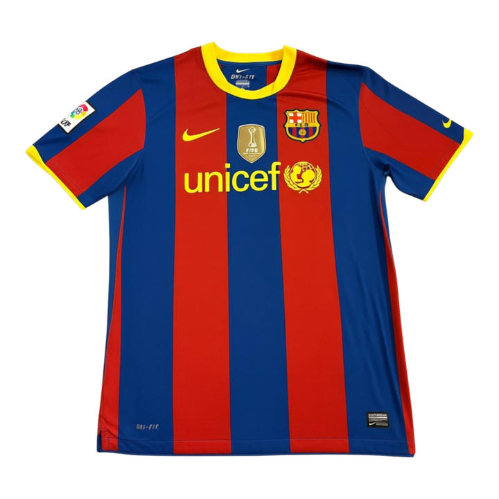 HypeSelection 2010-11 FC Barcelona home football shirt with red and blue vertical stripes, yellow collar and trim, and UNICEF sponsor.