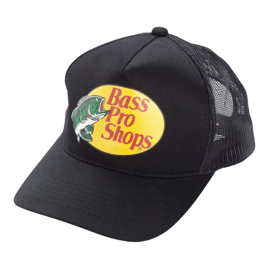 HypeSelection Bass Pro Shops black trucker cap with mesh back and embroidered logo. Adjustable snapback for a custom fit.