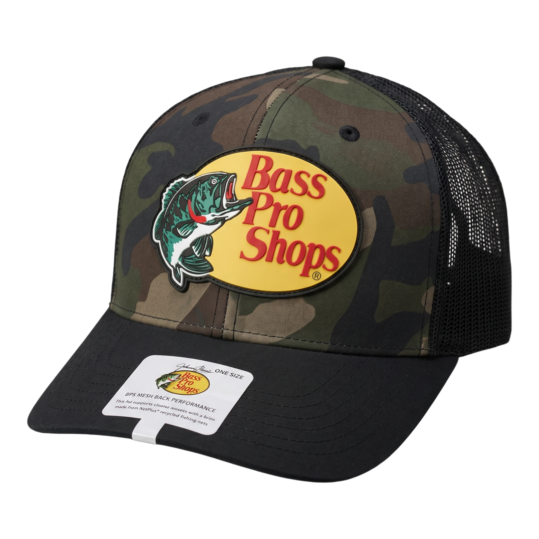 HypeSelection Bass Pro Shops camo trucker cap with black mesh back, curved visor, and front logo patch.