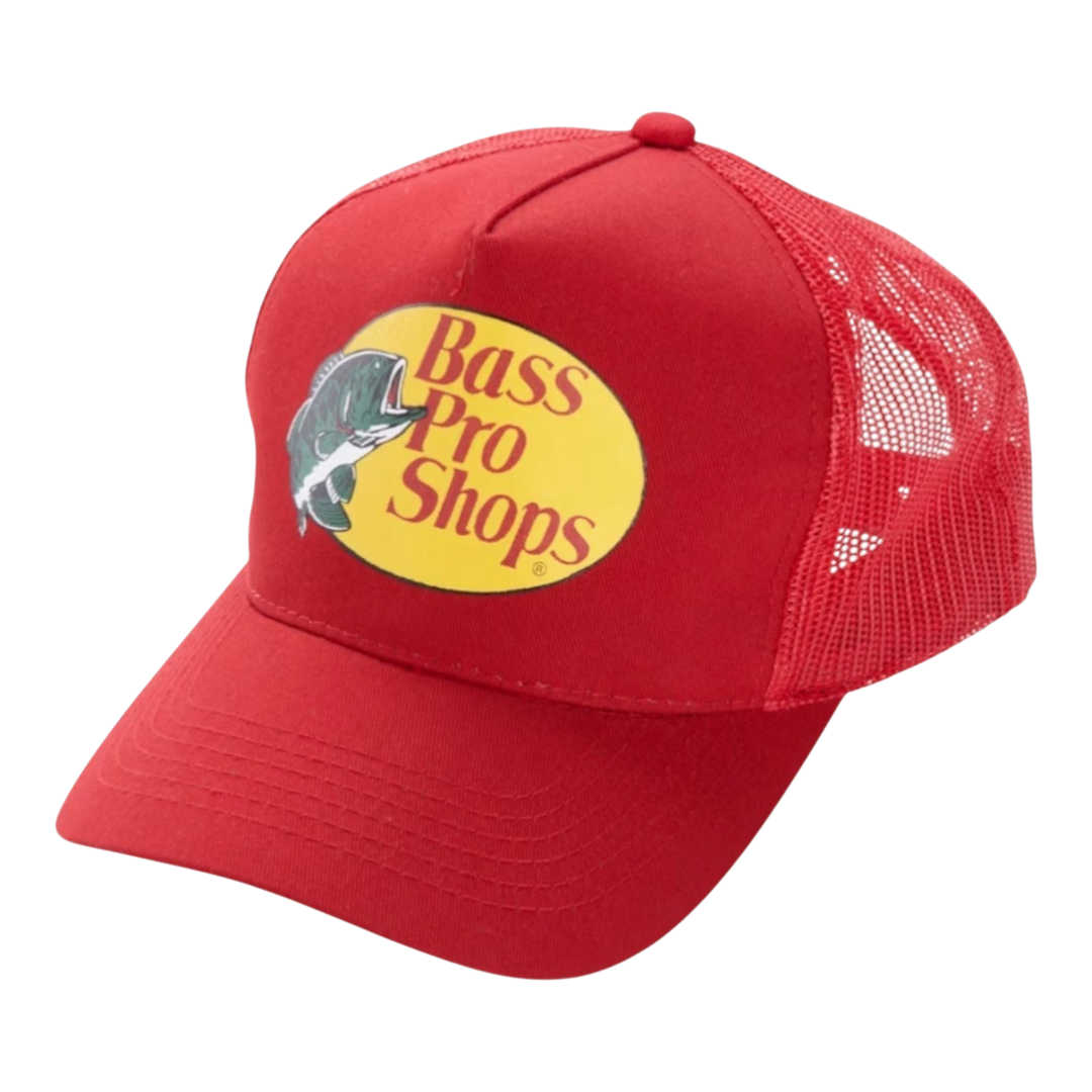 HypeSelection Bass Pro Shops scarlet red trucker cap with embroidered logo and mesh back panels.