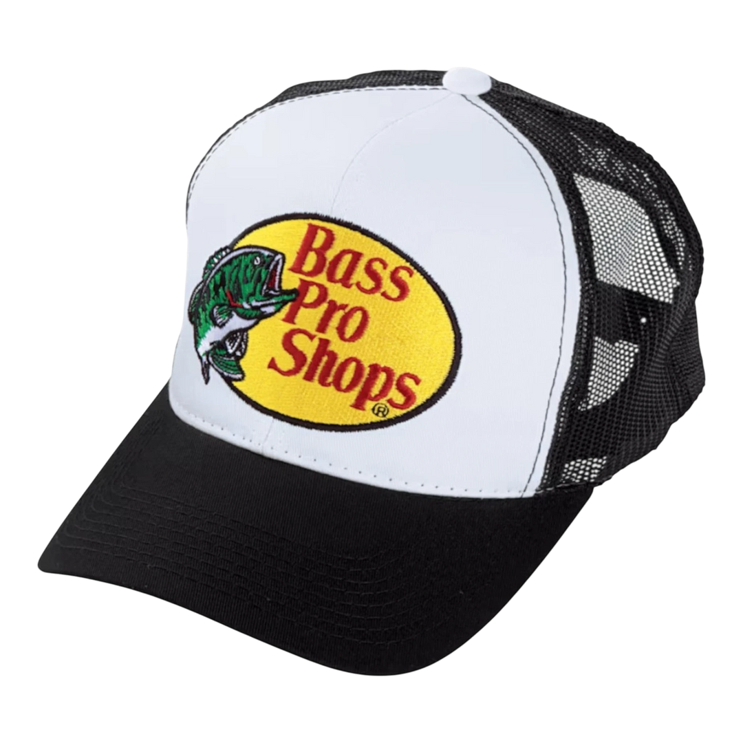 HypeSelection Bass Pro Shops embroidered logo trucker cap in black and white with mesh back panels and adjustable snapback.
