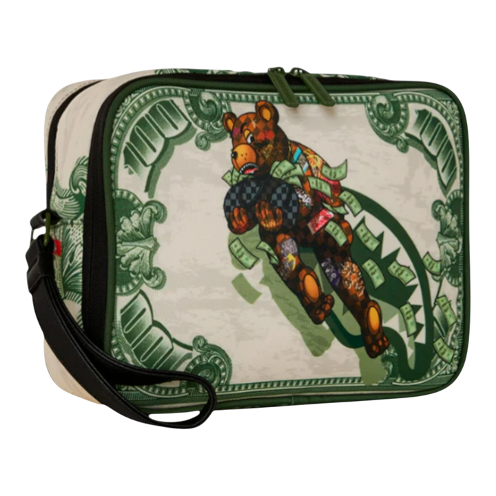 HypeSelection toiletry bag with a graphic of a bear running with money, set against a dollar bill background.