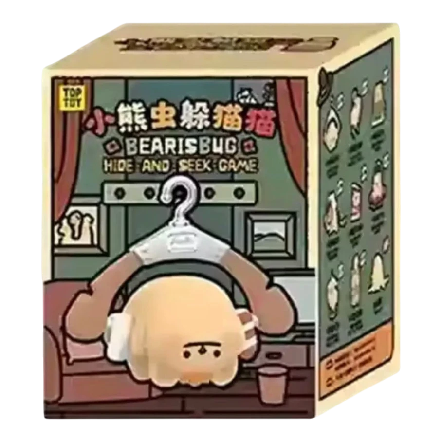 HypeSelection TopToy BEARISBUG Hide-and-Seek Game Series blind box featuring a cute, round, beige character with headphones hiding under a hanger.