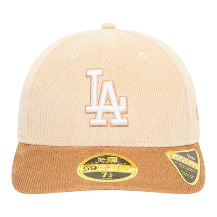 HypeSelection beige corduroy fitted hat with white LA Dodgers logo and brown visor. Features 2020 World Series clip.