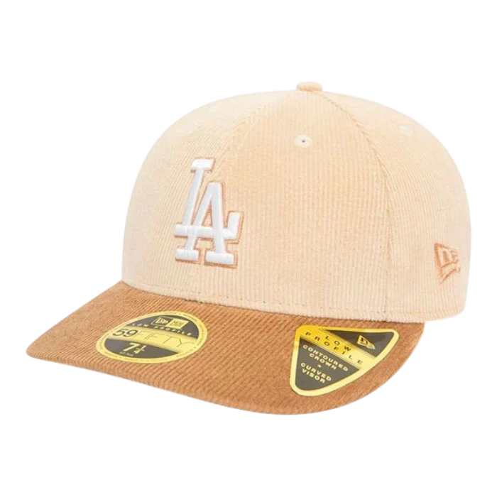 HypeSelection beige corduroy Los Angeles Dodgers 59FIFTY fitted hat with royal blue visor and embroidered LA logo.