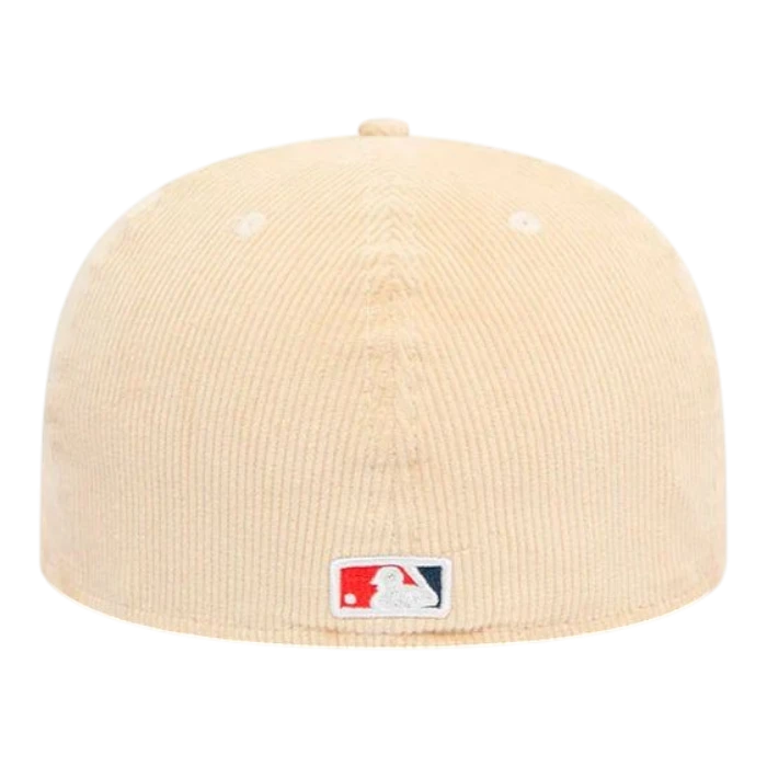 HypeSelection beige corduroy Los Angeles Dodgers fitted hat with royal blue visor and green undervisor. Features embroidered logo and MLB Batterman.