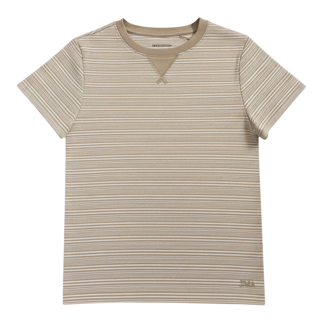HypeSelection beige striped cotton-blend t-shirt with V-insert neckline and embroidered logo.