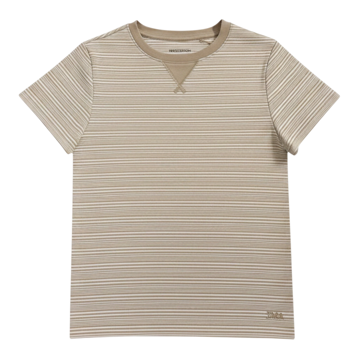HypeSelection beige striped cotton-blend t-shirt with V-insert neckline and embroidered logo.