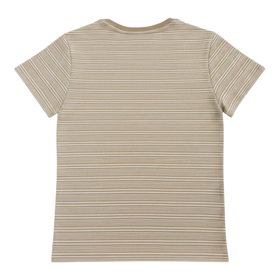 HypeSelection beige cotton-blend t-shirt with subtle horizontal stripes and a V-insert neckline.