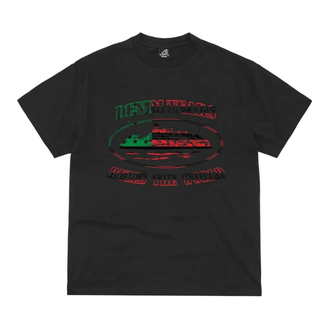 HypeSelection black 100% cotton t-shirt with a graphic print featuring the Alcatraz island silhouette in red, green, and black, and text reading "DENIM TEARS RULES THE WORLD".