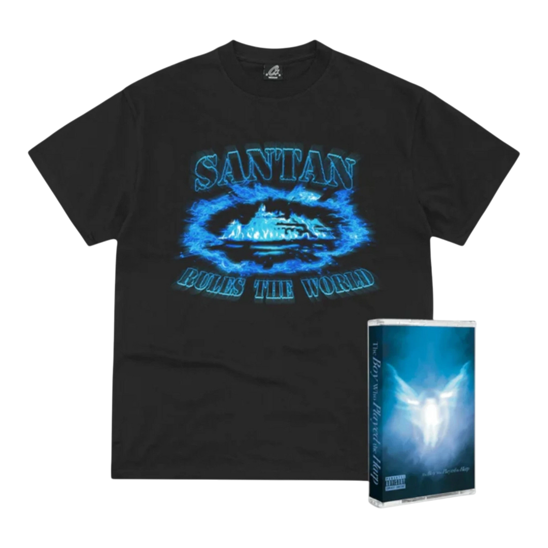 HypeSelection black 100% cotton t-shirt with blue flame Alcatraz graphic and 'Santan Rules The World' text.