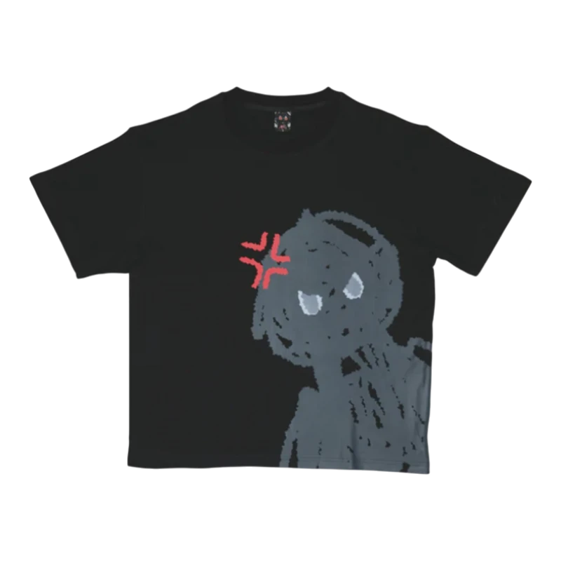 HypeSelection black heavyweight cotton oversized t-shirt with a distressed grey graphic and red angry symbol.