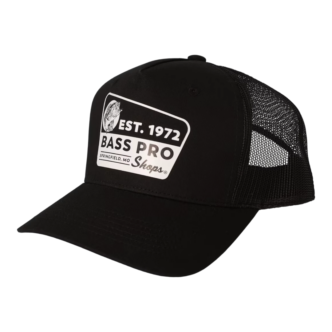 HypeSelection black trucker cap with Bass Pro Shops vintage patch, mesh back, and snapback closure.
