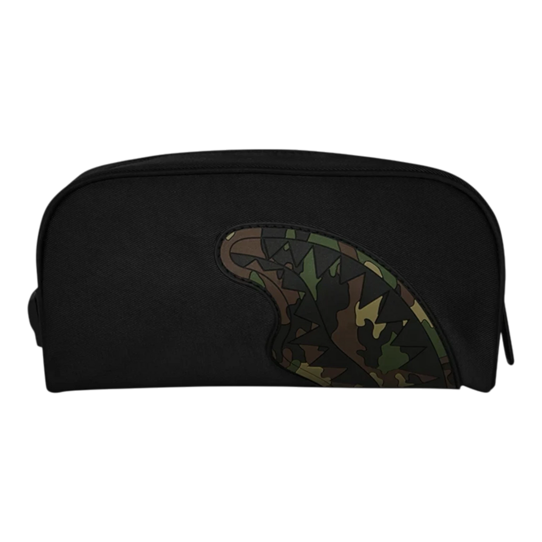 HypeSelection black nylon pencil pouch featuring an embossed camo shark design on the side.