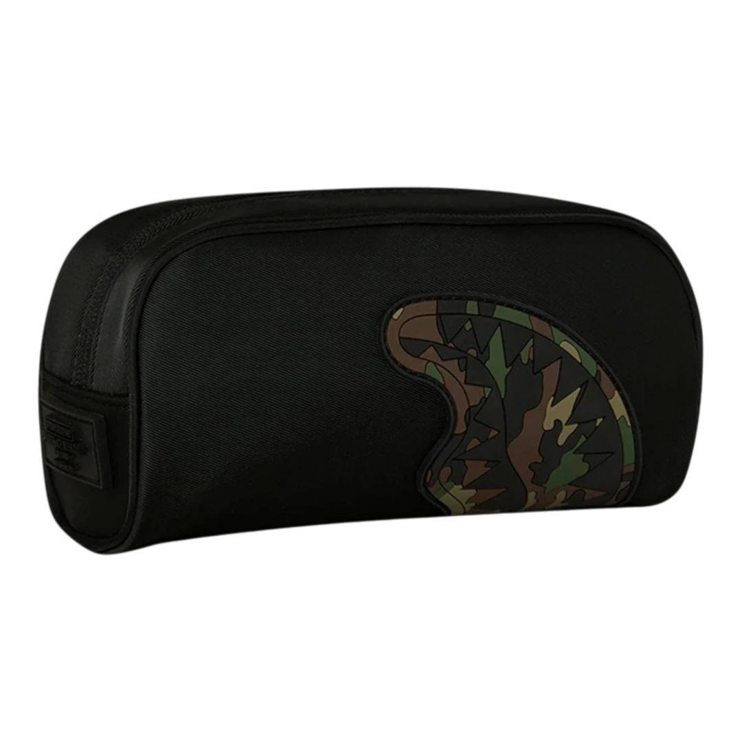 HypeSelection black nylon pencil pouch featuring an embossed camo shark design on the side.