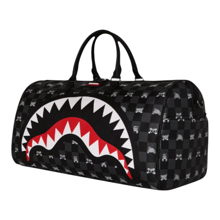 HypeSelection black duffle bag with checkerboard pattern and a large shark mouth graphic. Made of PVC.
