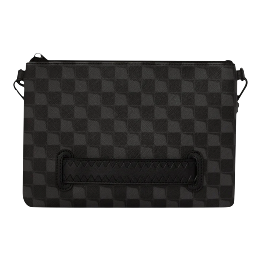 HypeSelection black synthetic leather crossover clutch with checkered pattern and signature graphic detail.