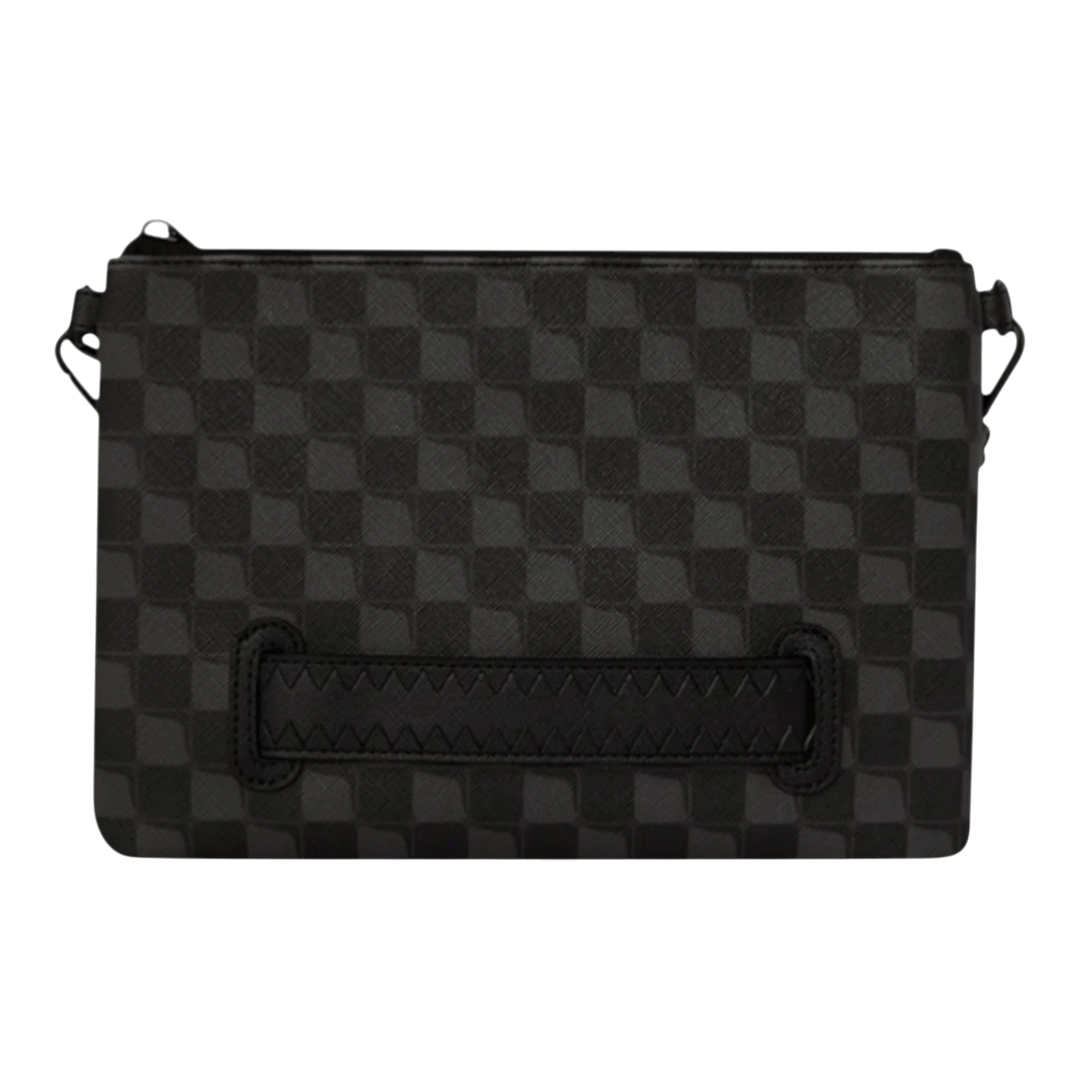 HypeSelection black synthetic leather crossover clutch with checkered pattern and signature graphic detail.