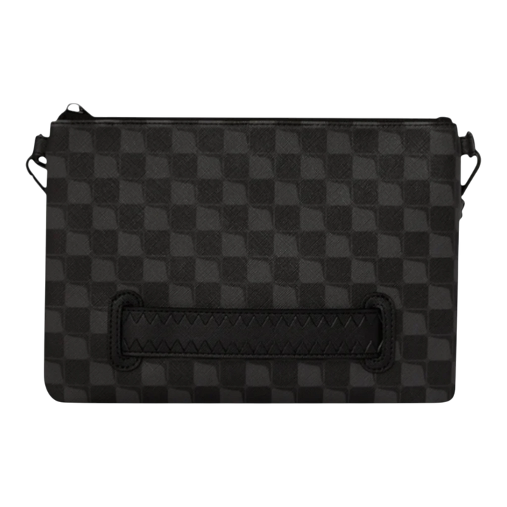 HypeSelection black synthetic leather crossover clutch with checkered pattern and signature graphic detail.